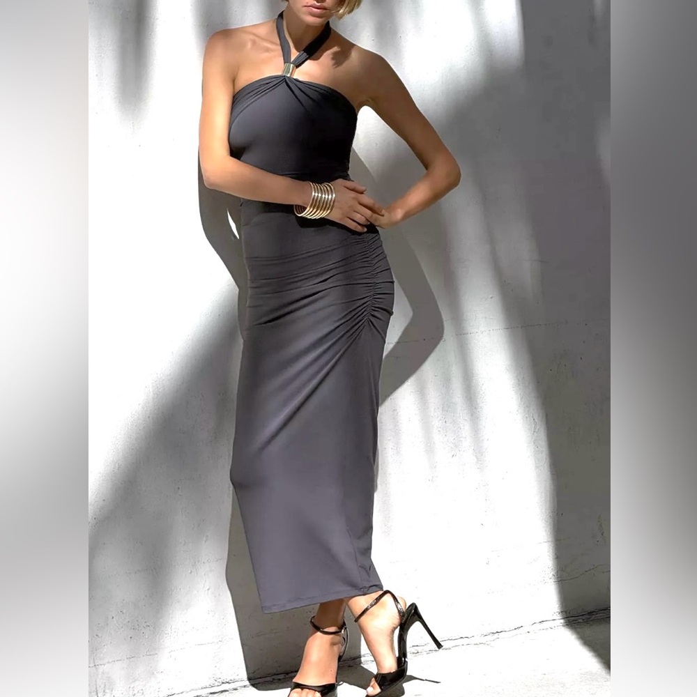 ZARA Halter Ruched Dress With Metallic Appliqué S NWT